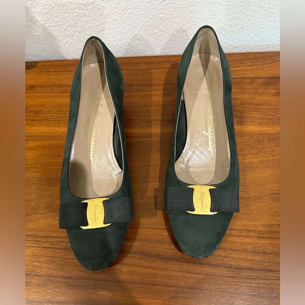 Salvatore Ferragamo Dark Green Suede Heels with Gold Accent